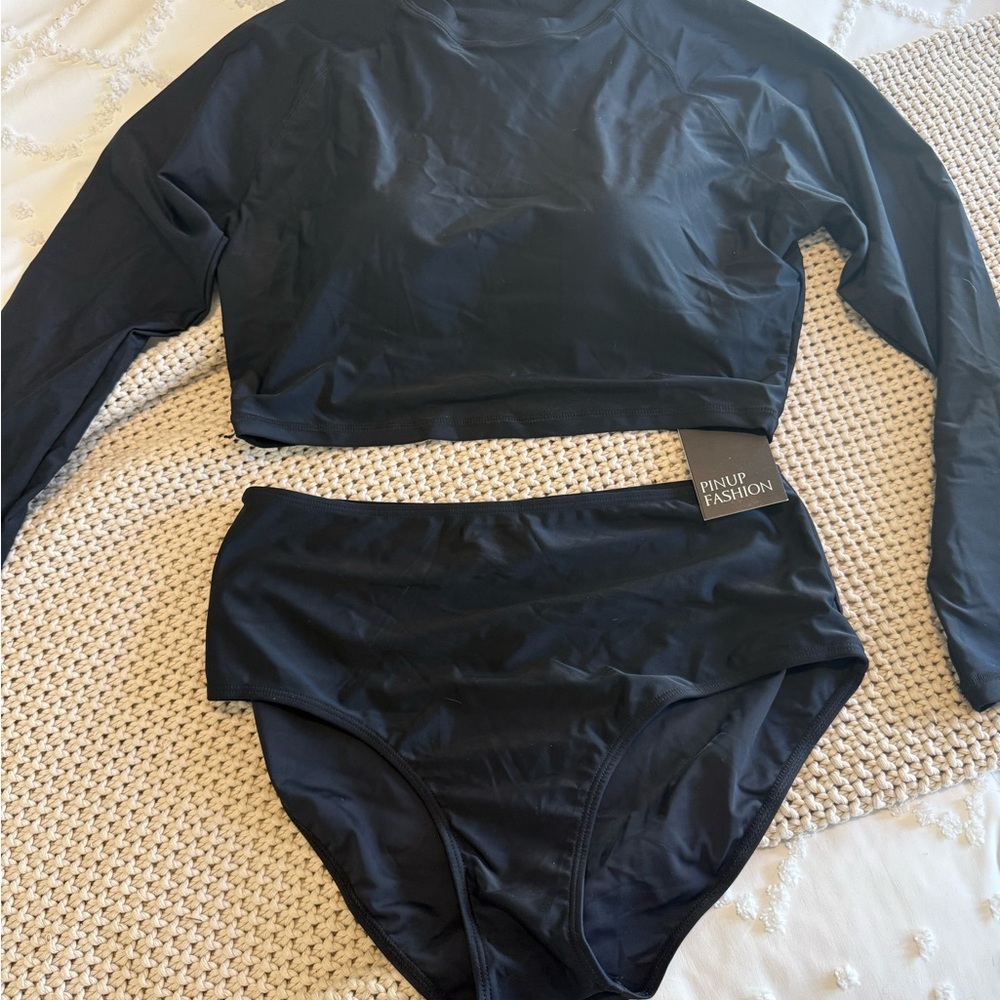 Pinup Fashion Black Long Sleeve High-Waisted Bikini Set – XL (NWT)